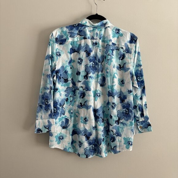 Chaps At the Seashore Womn L White/Blue Floral 3/4 Sleeve Gold Button Blouse NWT - Picture 11 of 11